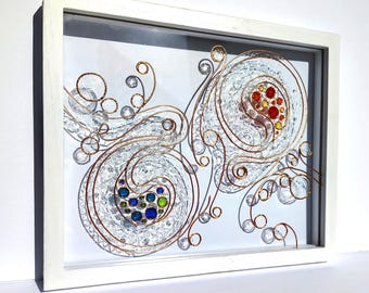Hand-Painted Glass Art Sun Catcher: Colorful Circles, Flowing Lines, Framed 11"x9"