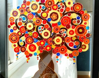 3D生命の樹ガラス絵画：ボヘミアン風サンキャッチャー壁飾り（15インチ