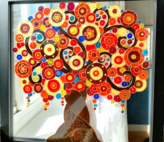 3D生命の樹ガラス絵画：ボヘミアン風サンキャッチャー壁飾り（15インチ