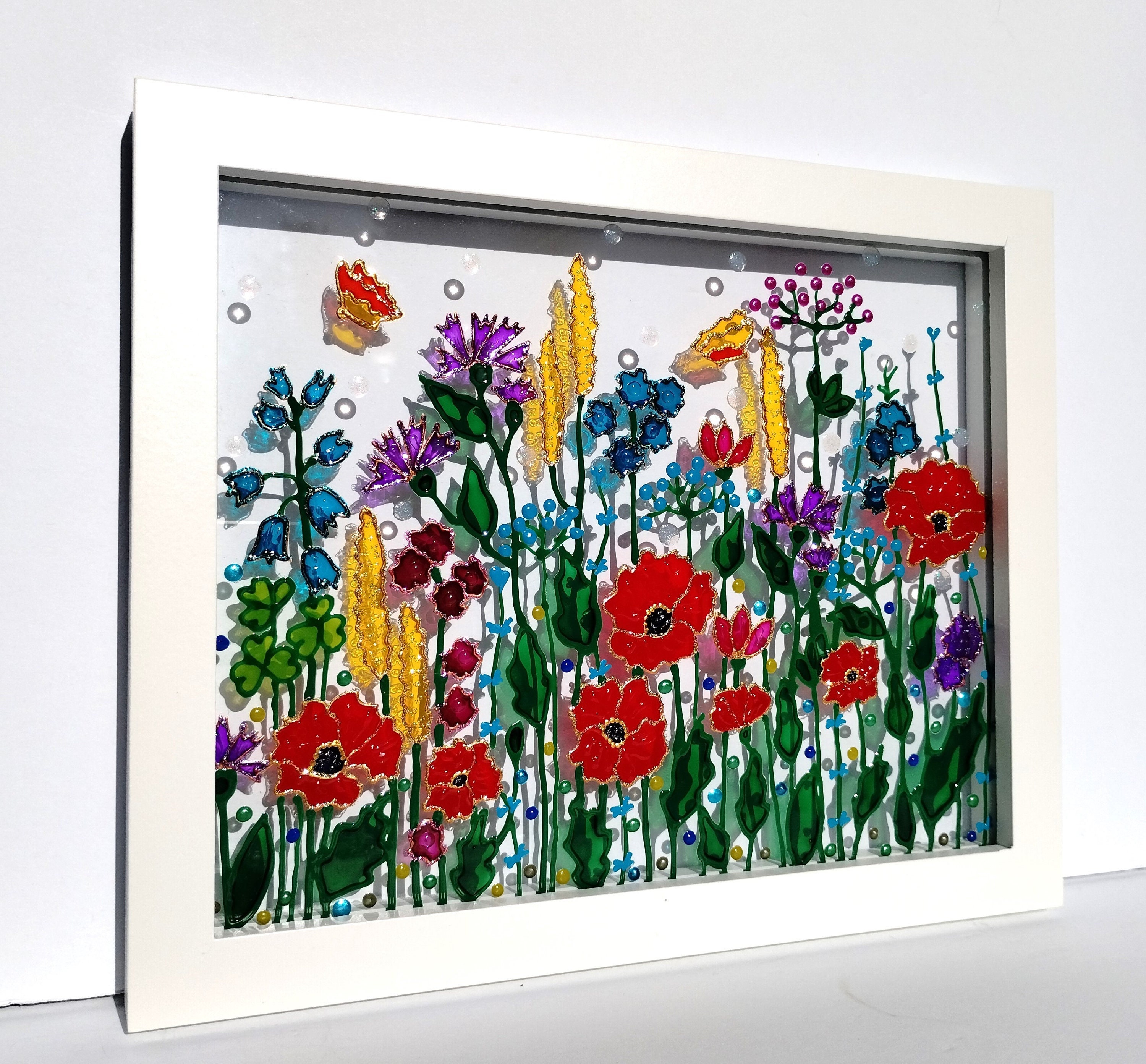 ワイルドフラワーガラス絵画：3Dサンキャッチャー、カラフルな窓