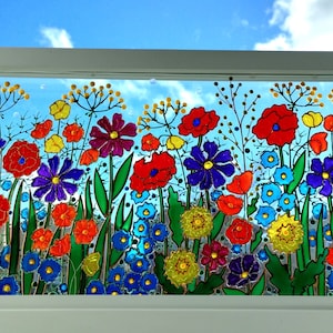 Meadow 18&quot;x10&quot; Wild flowers 3D Glass painting  Glass art Sun catcher Stained glass Window art Botanical Glass panel Painting on glass
