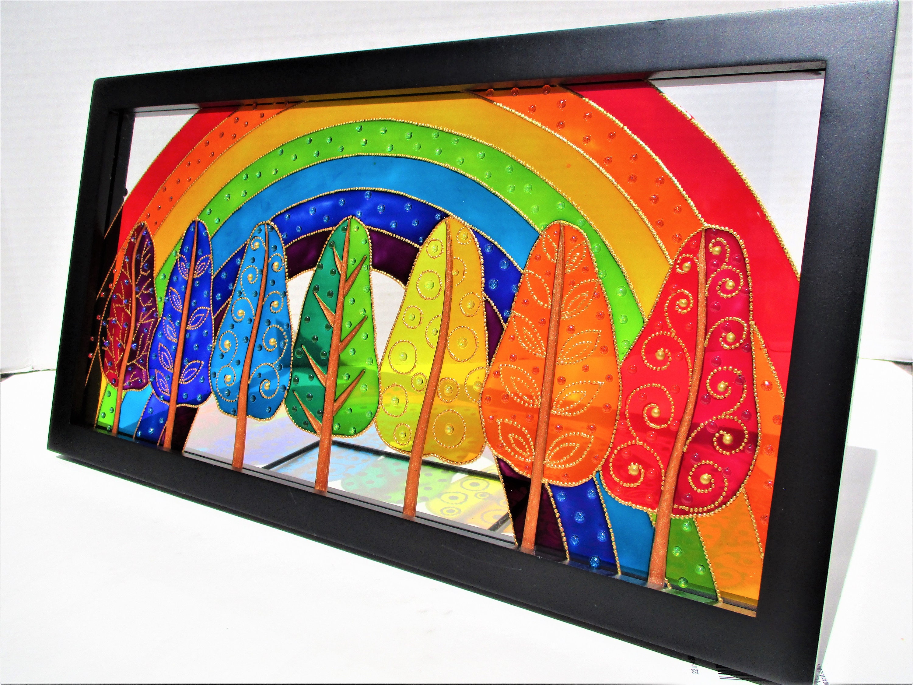 Rainbow trees art Glass painting Bohemian decor Window hanging Etsy