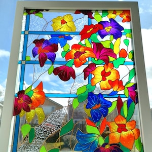 Atrapasol floral de vitral: colgante de ventana con flores 3D (30,5 x 38,1 cm)