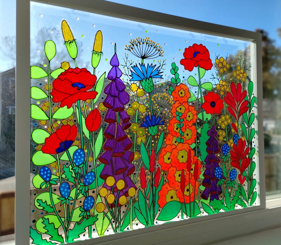 ワイルドフラワーメドウガラス絵画：3D花柄窓装飾（21インチ×17インチ