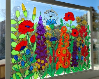 ワイルドフラワーメドウガラス絵画：3D花柄窓装飾（21インチ×17インチ