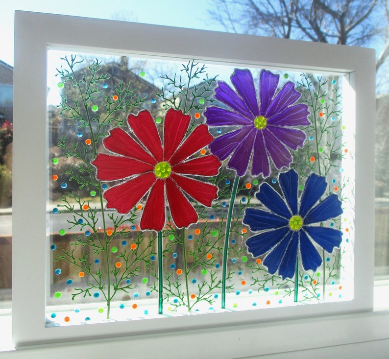 Flowers 11x9 Glass Painting Sun Catcher Stained Glass Glass Etsy