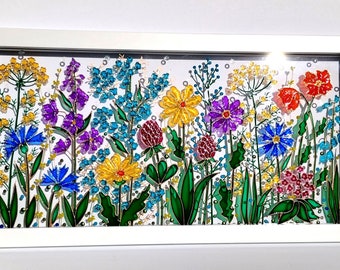 花 絵画 フラワー （8） ワイルドフラワーガラス絵画：3Dステンドグラスサンキャッチャー