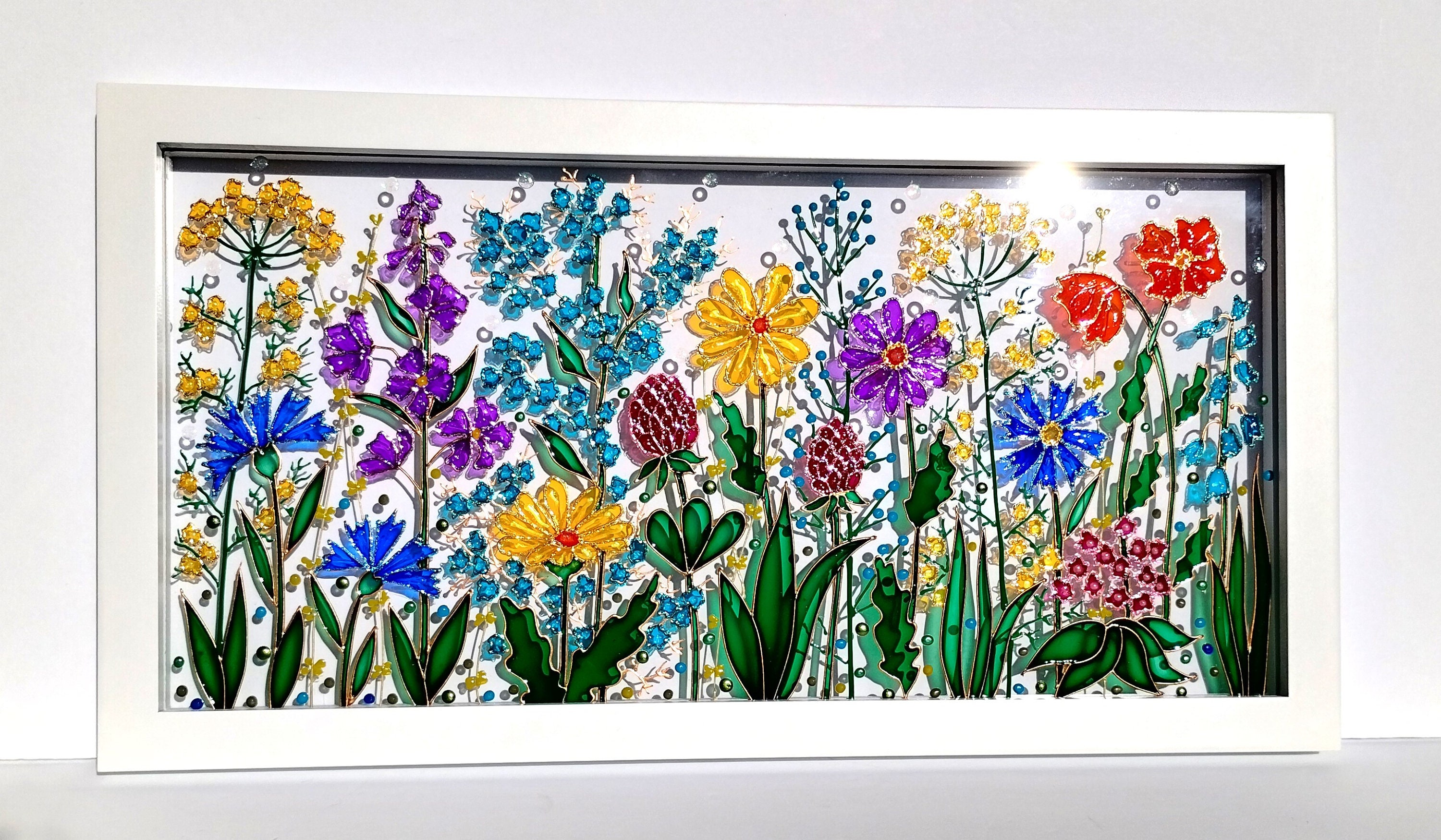 Wild Flowers 17x9 Glass Painting Sun Catcher Stained Glass Glass