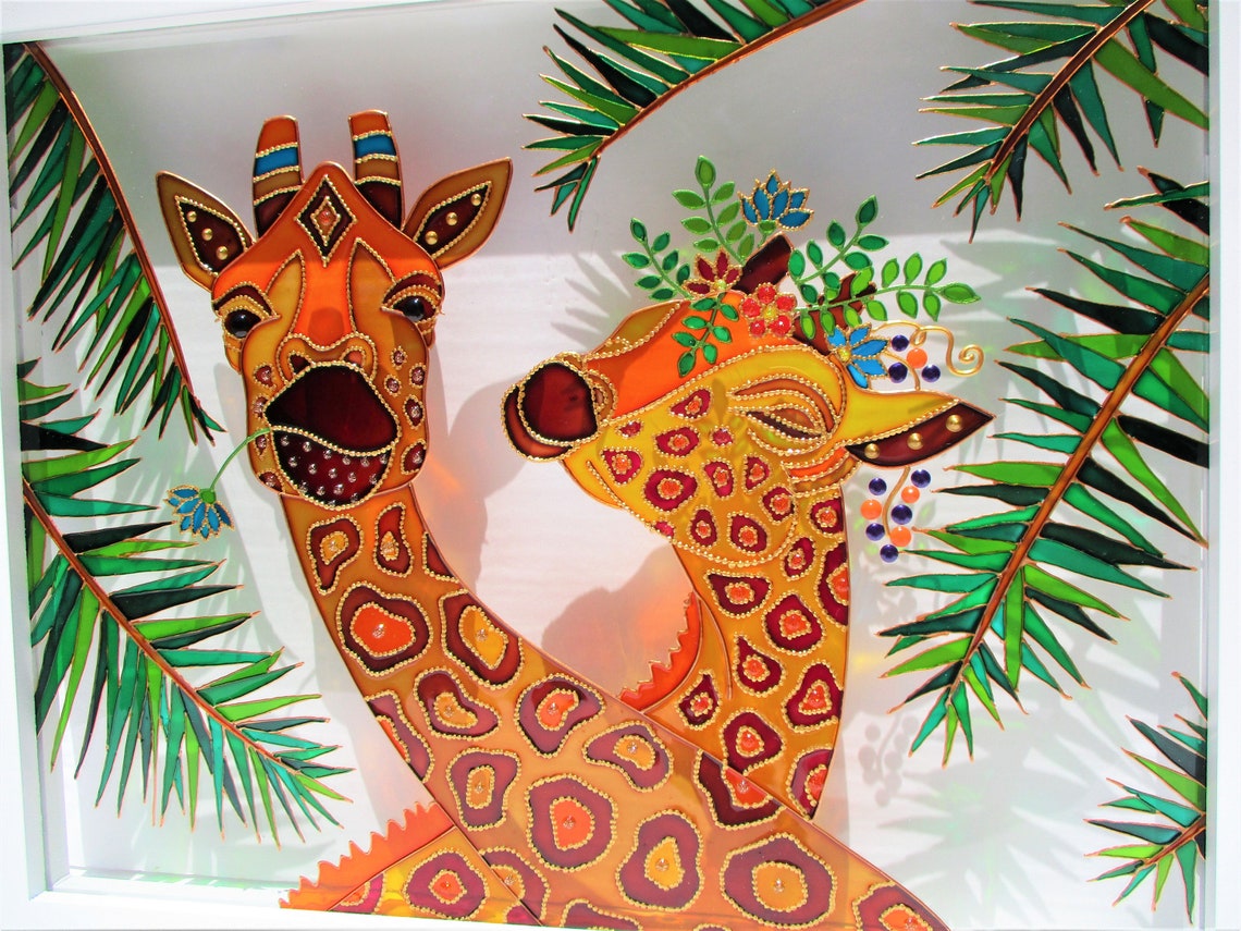 Giraffe Love Art Glass Painting Wall Decor Sun Catcher Stained Etsy