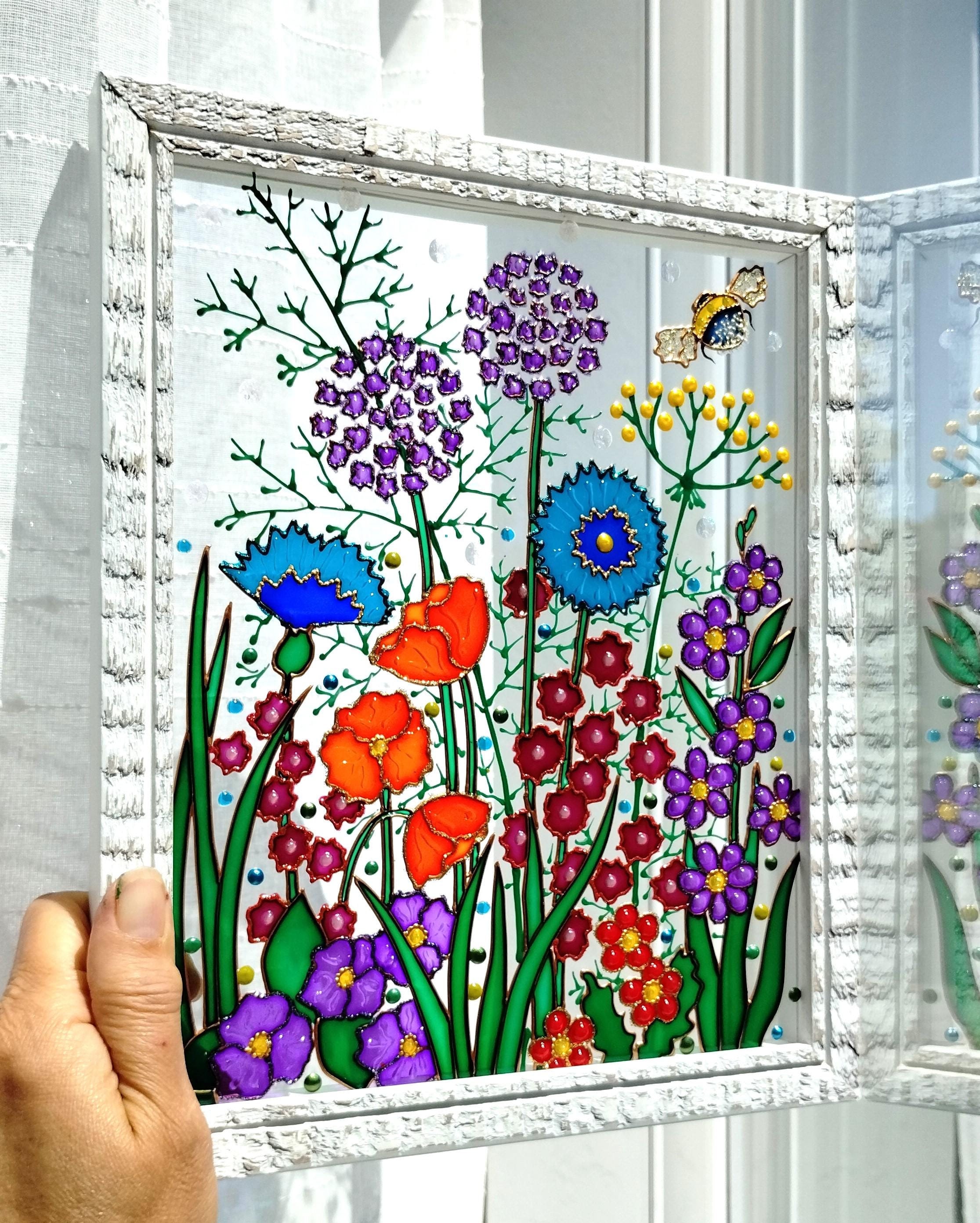 ワイルドフラワーガラス絵画：3Dサンキャッチャー、カラフルな窓用吊り
