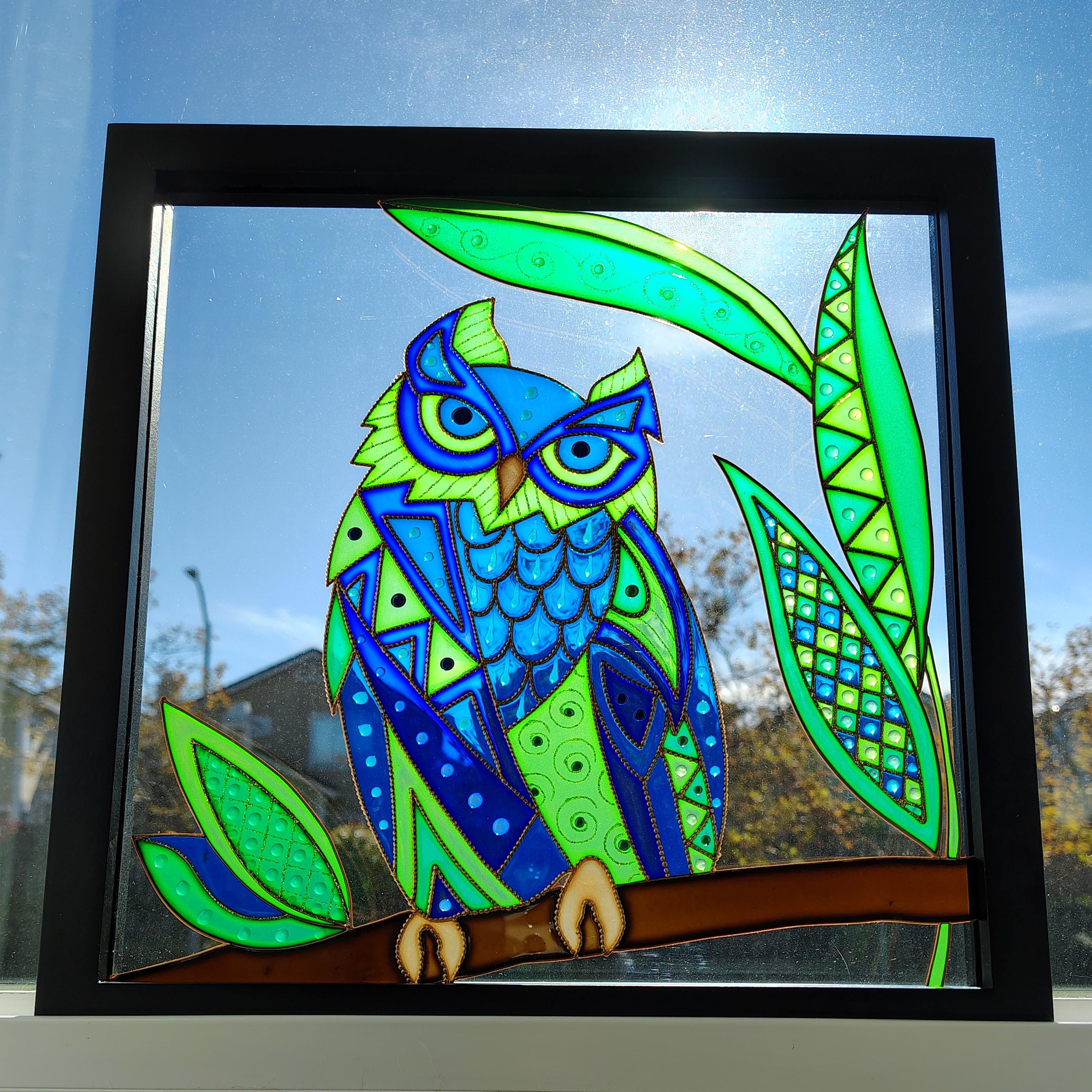 絵画【フクロウ】オリジナルイラスト 額付き オリジナルのフクロウのガラス絵画：額入りステンドグラスアート（15