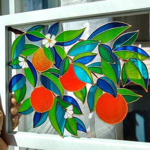 Oranges Branch 11x9 Glass painting Sun catcher Stained glass Glass art Modern painting Colorful painting Original painting Window hanging
