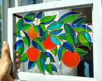 Orange Branch Stained Glass Suncatcher: Colorful Window Hanging (11x9)