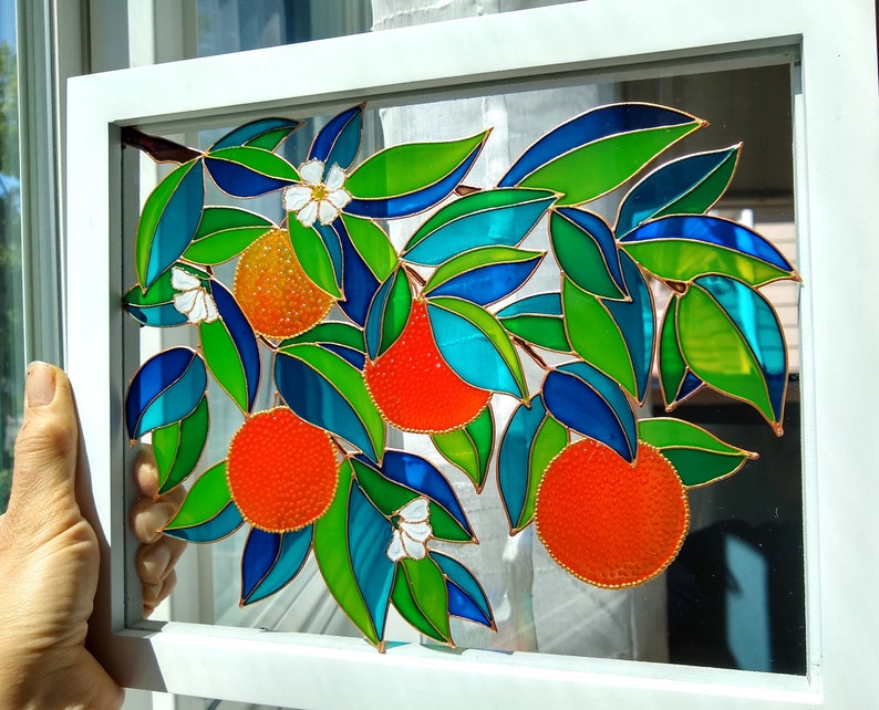 Oranges Branch 11x9 Glass Painting Sun Catcher Stained Glass Etsy