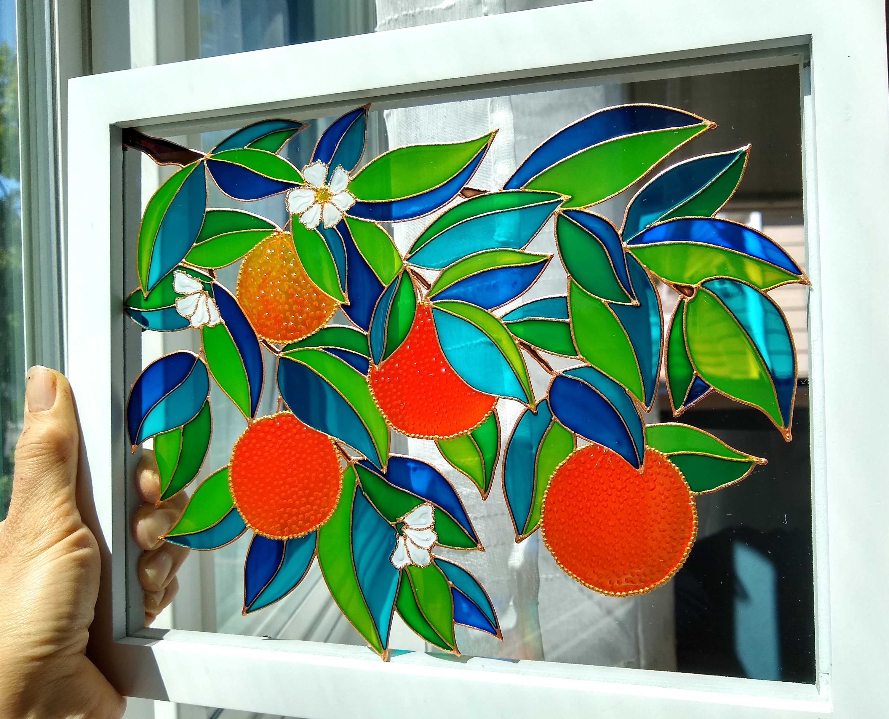 Oranges Branch 11x9 Glass Painting Sun Catcher Stained Glass Glass Art  Modern Painting Colorful Painting Original Painting Window Hanging 