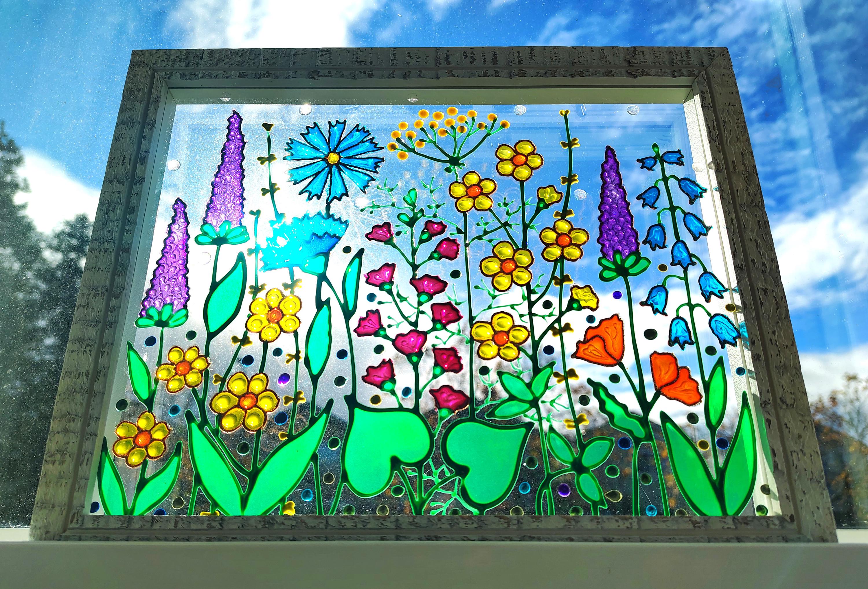 野の花のガラス絵画：3Dステンドグラスの窓アート - Etsy 日本