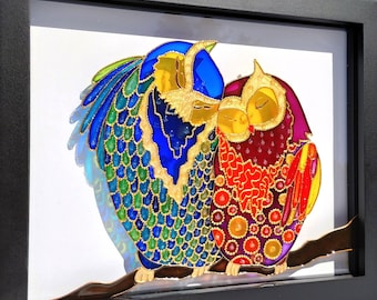 Owl Couple Glass Painting: Glitter Sun Catcher Wall Decor (11x9 inches)