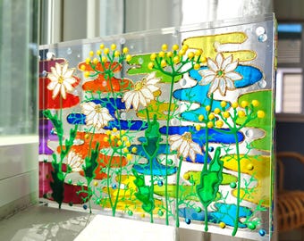 Acchiappasole In Vetro Colorato Dipinto A Mano 16x16 Cm - Gatto, Farfalle E Girasoli - Per Finestra, Regalo Per Amanti Dei Gatti