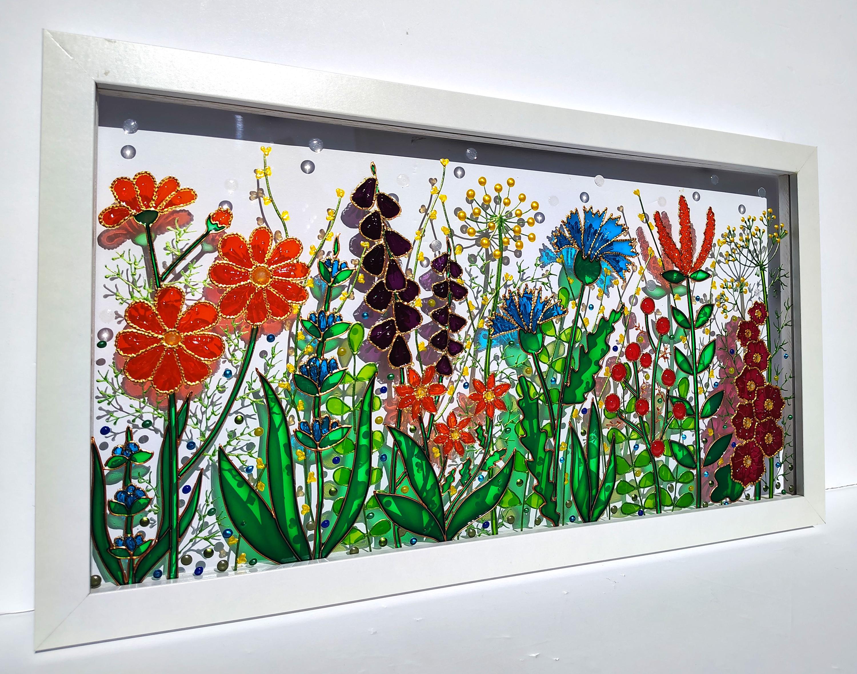 赤いお花のツタのサンキャッチャー　シーグラスアート　壁かけ 赤いお花のツタのサンキャッチャー シーグラスアート 壁かけ