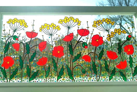 Coquelicots Fleurs sauvages 17x9 Peinture sur verre Vitrail