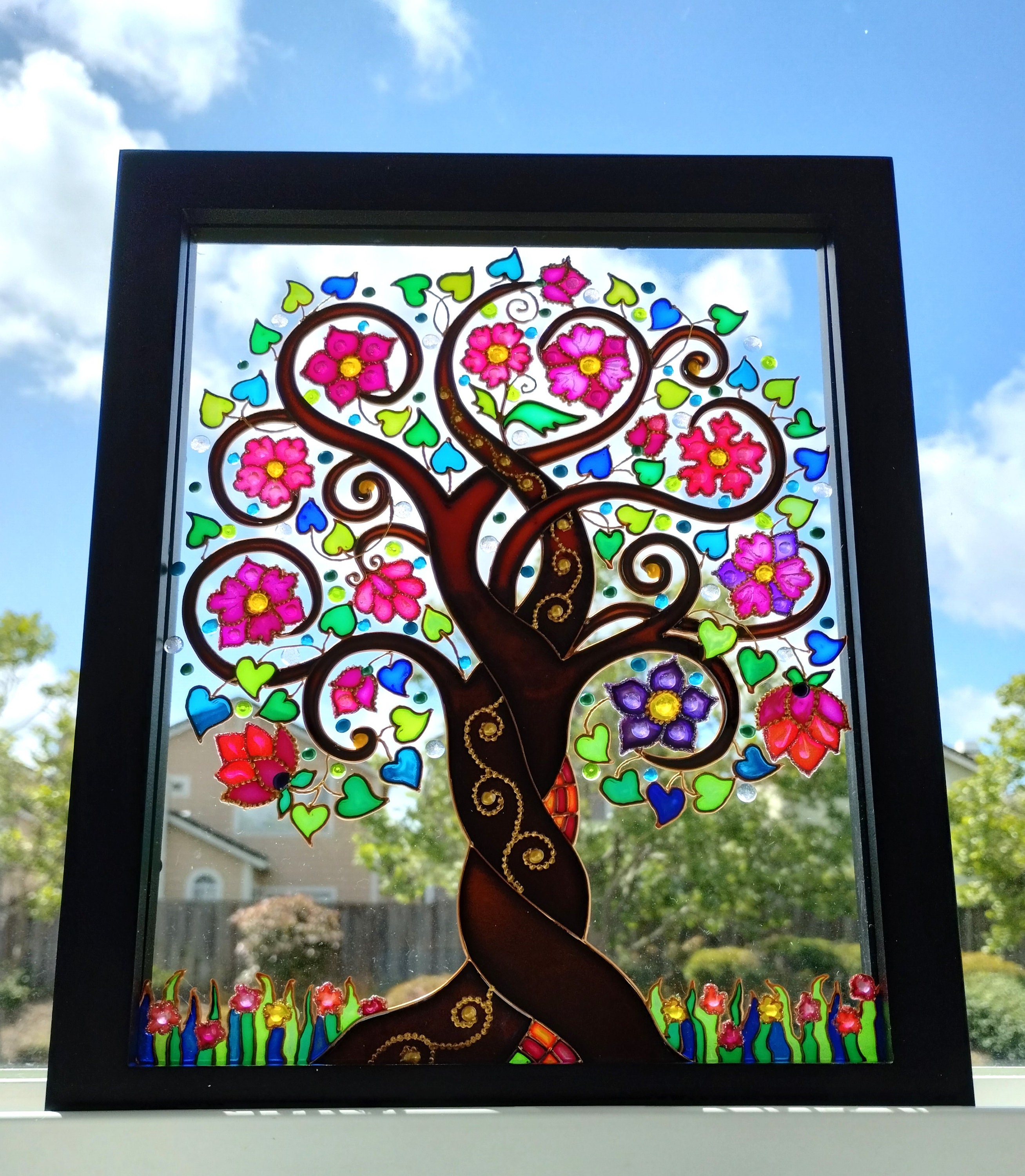アンティーク　ガラス絵　壁飾り 生命の樹のガラス絵：ボヘミアン風ステンドグラスアート - Etsy 日本