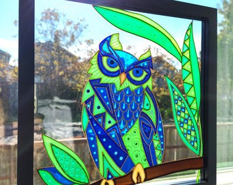 オリジナルのフクロウのガラス絵画：額入りステンドグラスアート（15