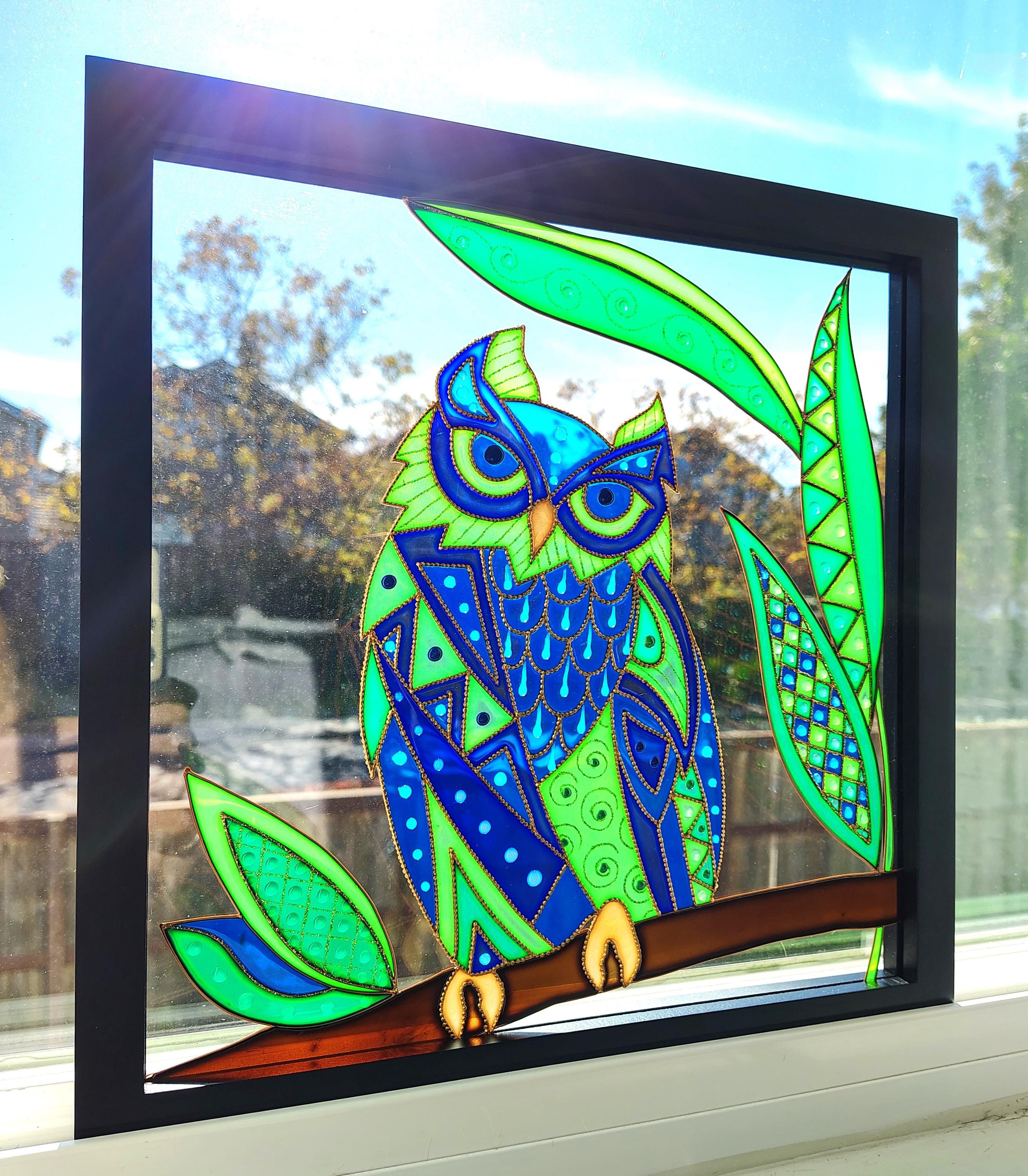オリジナルのフクロウのガラス絵画：額入りステンドグラスアート（15