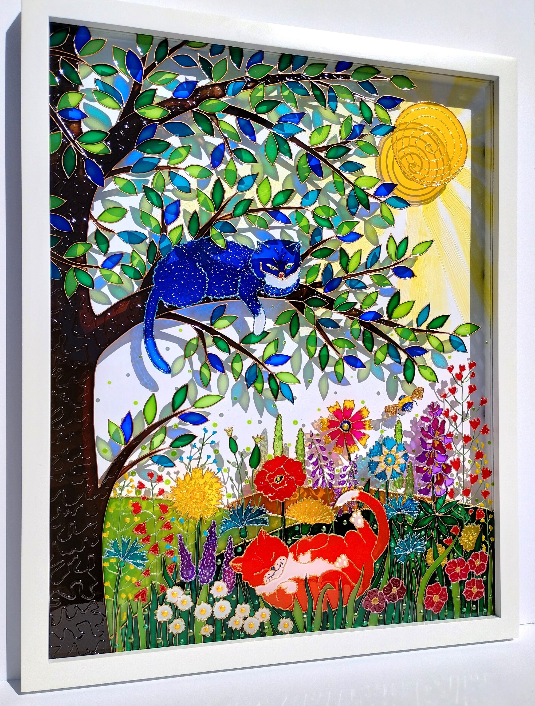 カラフルな花に囲まれた猫 ヴィンテージ ステンドグラス ローウェル