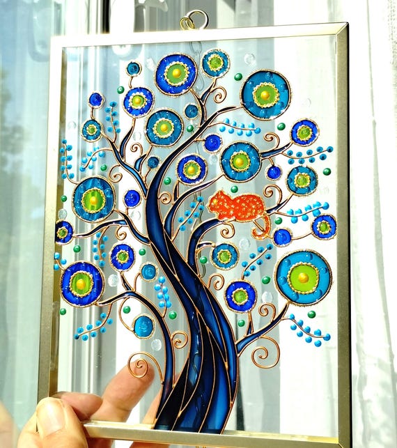 Tree & Cat Suncatcher: 3D Glass Painting, Stained Glass