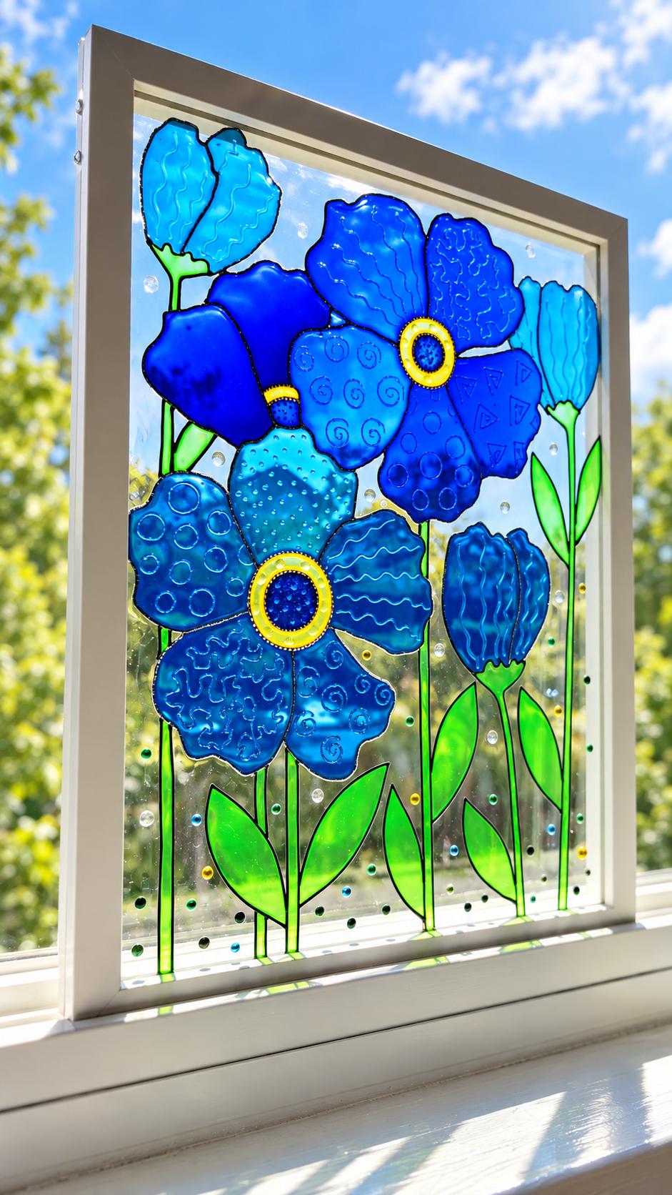青い抽象的な花のガラス絵画：3Dモダンアート - Etsy 日本