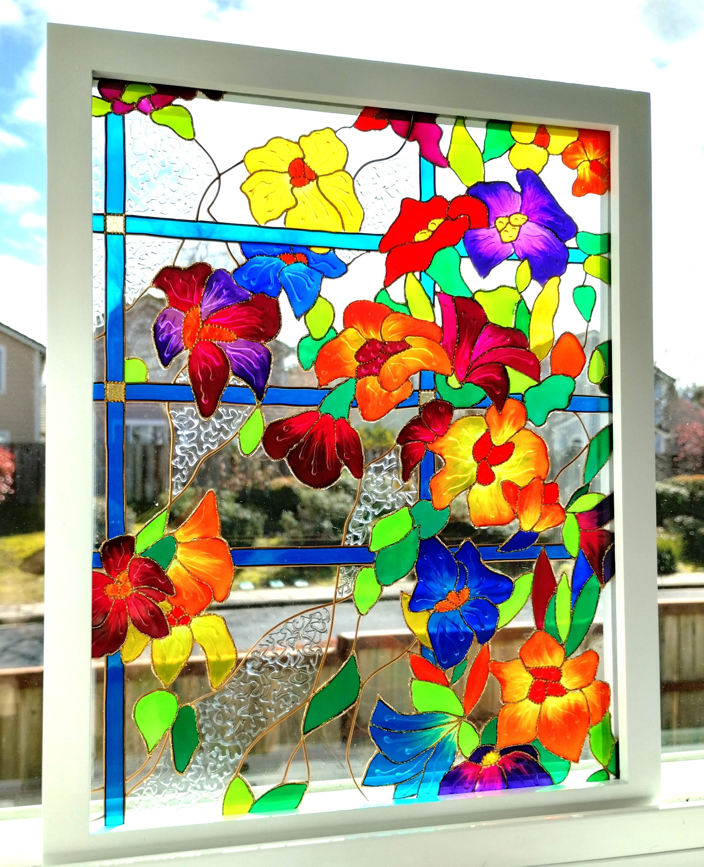 猫とヒナギクの花 ヴィンテージステンドグラス ランドルフ スーザン・パワーズ 花柄ステンドグラスサンキャッチャー：3Dフラワーウィンドウハンギング