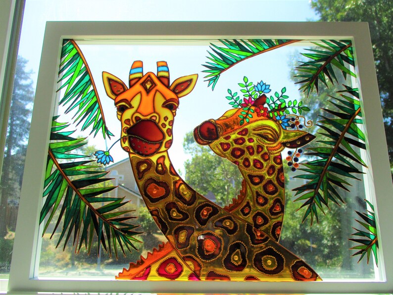 Giraffe love 3D Glass painting Wall decor Sun catcher Stained glass Original art Framed art Giraffe decor Love art Wedding gift image 3