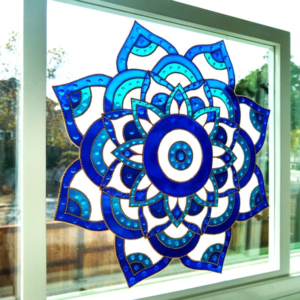 Evil Eye Mandala 13x13 Glass painting Bohemian art Stained glass Wall art Window art Sun catcher Spiritual art Glass art 3D painting