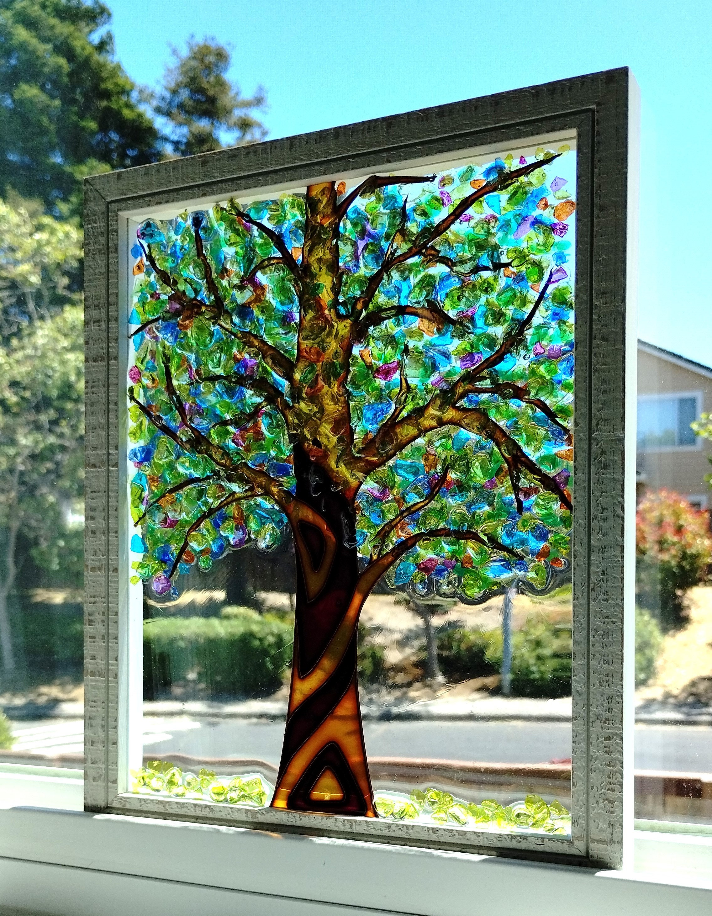 Tree 11x9 Crushed Glass Resin Art Sun Catcher Painted Glass