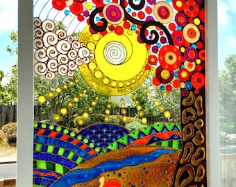 Tree of Life Glass Painting: 3D Abstract Landscape Window Art (15&quot;x12&quot;)