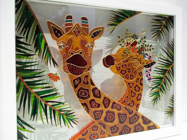 Giraffe love 3D Glass painting Wall decor Sun catcher Stained glass Original art Framed art Giraffe decor Love art Wedding gift image 8