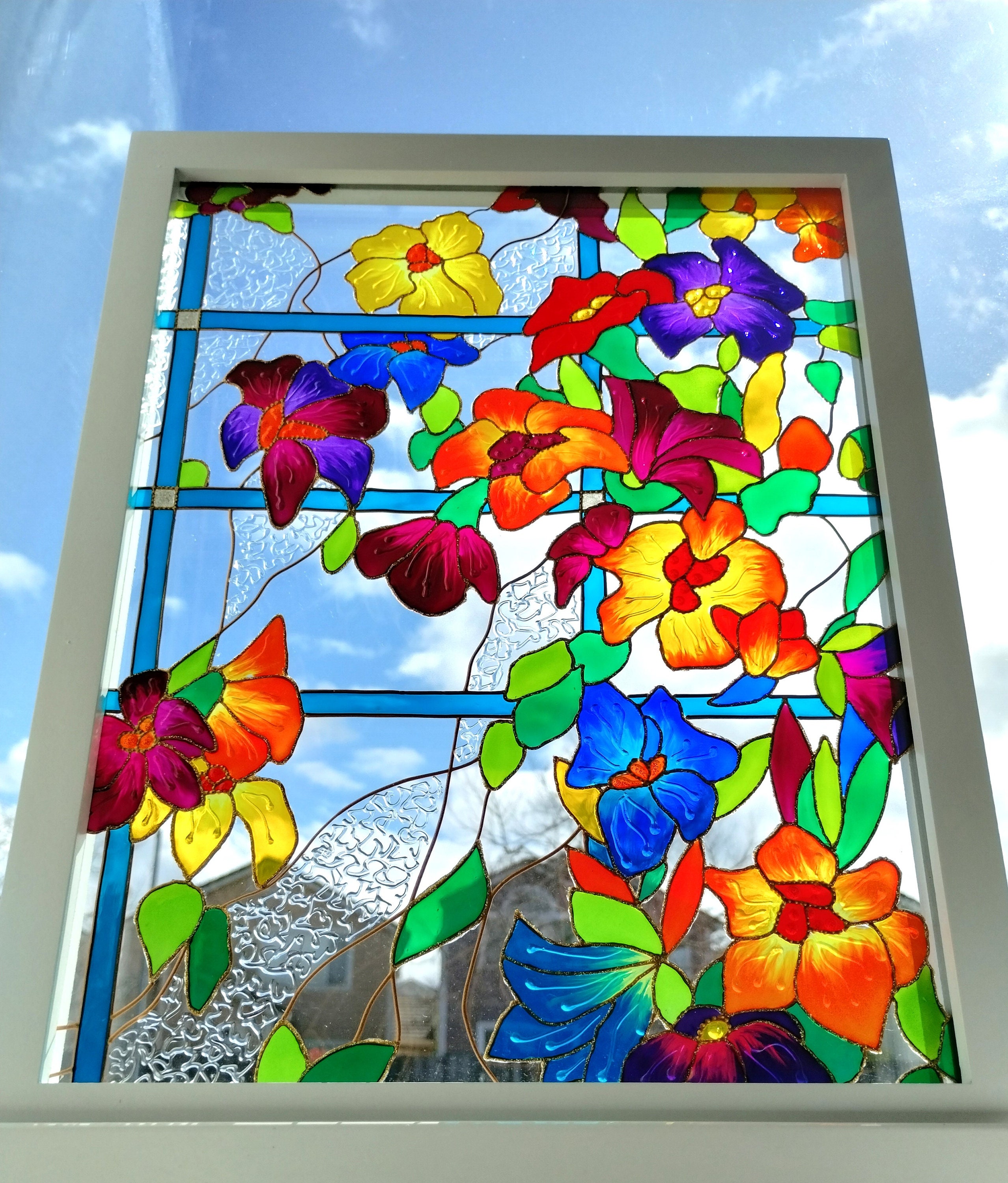 ステンドガラス 女性シルエット 花デザイン ガラスアート 窓 花柄