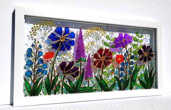 お値下げしました、美人　ミニガラス絵 野の花のガラス絵画：3D草原の窓アート（18インチ×10インチ） - Etsy 日本