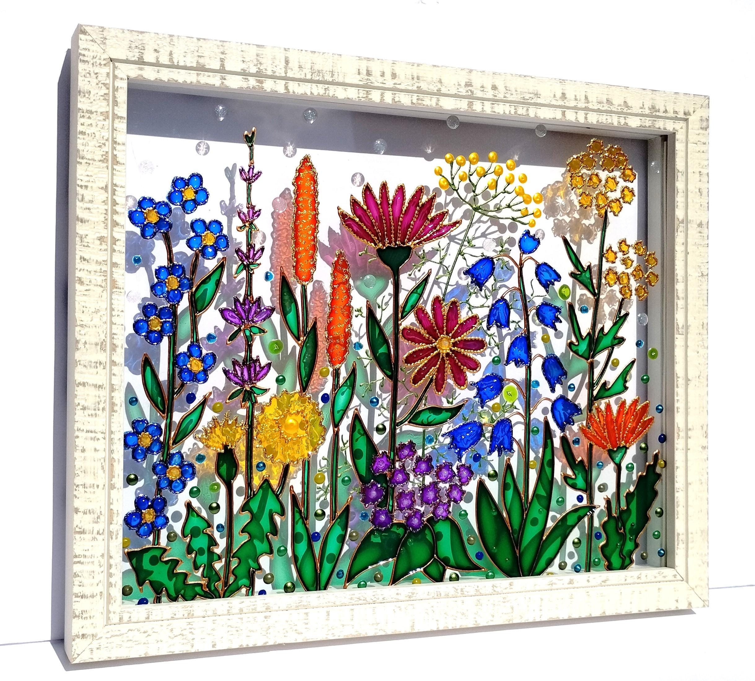 Wildflower Glass Painting: 3D Suncatcher, Colorful Window Hanging