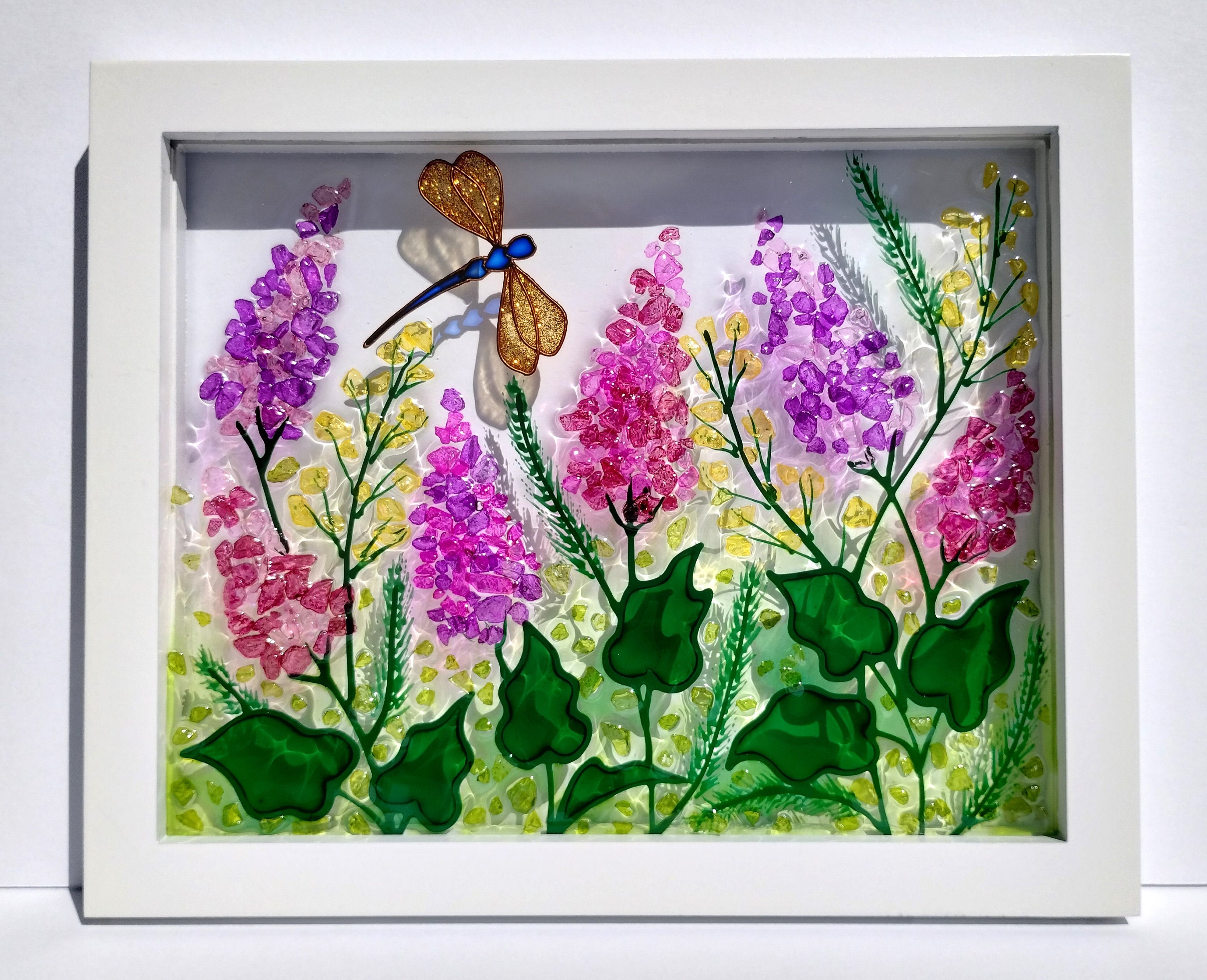 大型　花の枝の抽象画 抽象的な花の樹脂アートサンキャッチャー：砕いたガラスの窓に描かれた