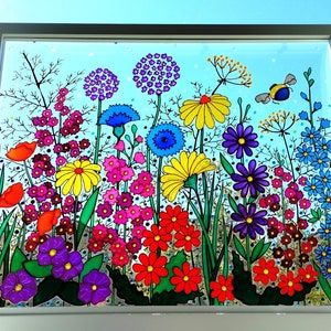 Wild flowers 21"x17" Meadow art 3D Glass painting Glass art Sun catcher Original painting Modern art Window hanging Colorful art Framed art