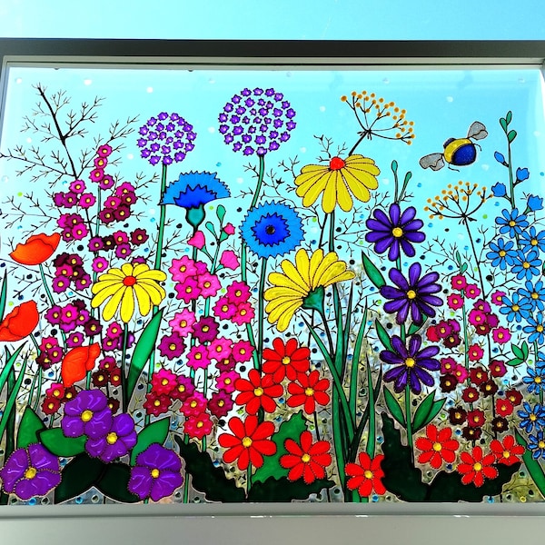 Pintura sobre vidrio de un prado de flores silvestres: Arte floral colorido en 3D (53 x 43 cm)