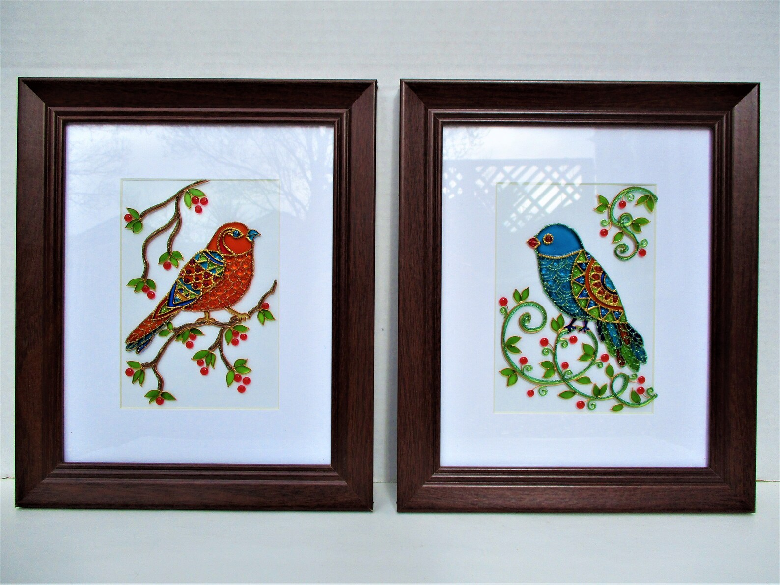 Bird Art Glass Painting Wall Decor Blue Bird Orange Bird Etsy