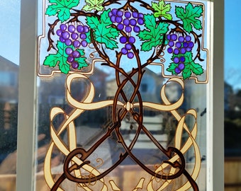Art Deco Grape Vine Suncatcher: Original Glass Painting (15x12)