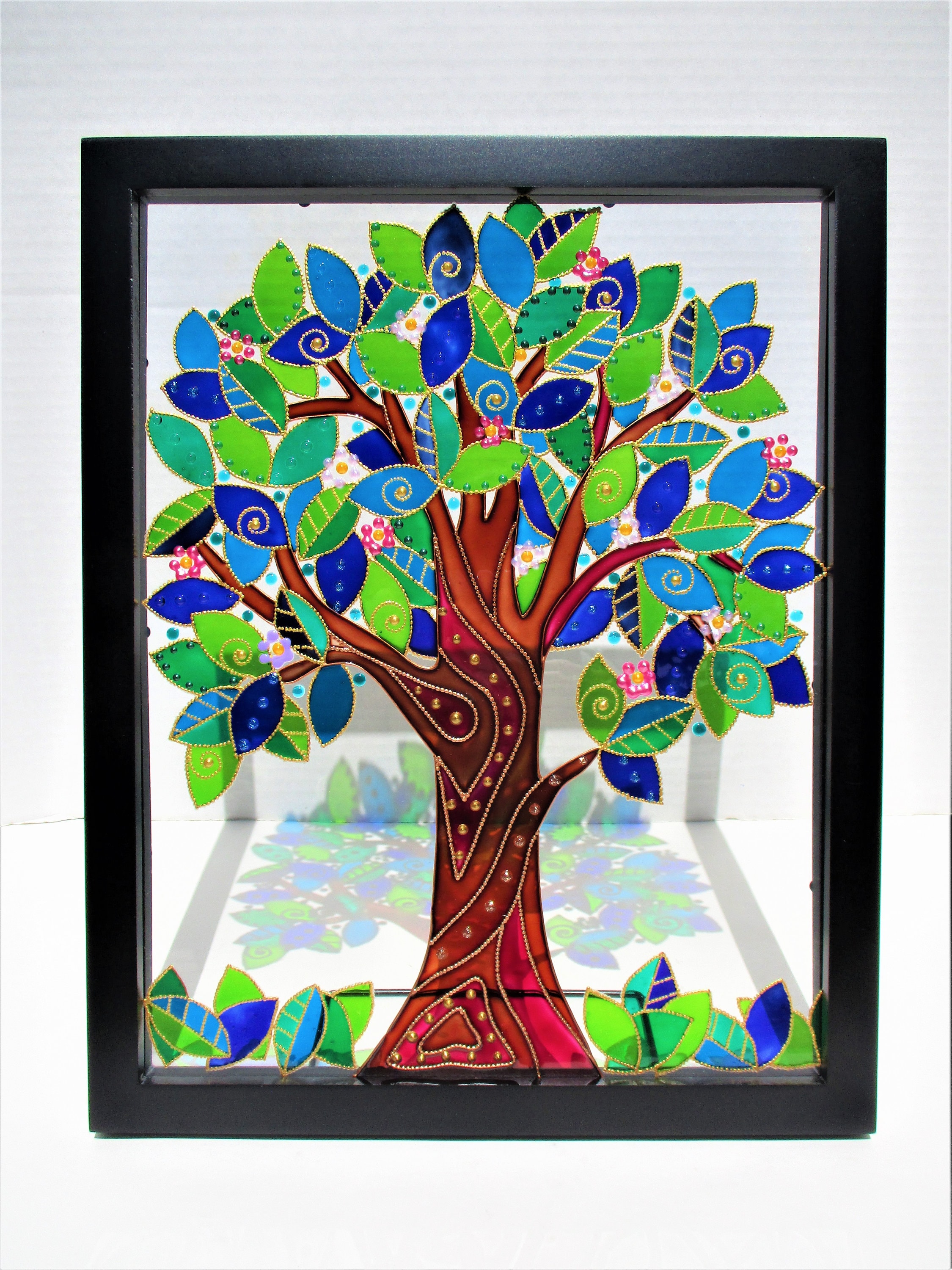 インド民俗絵画ミティーラ画「生命の樹」ガラス額装 インド民俗絵画ミティーラ画「生命の樹」ガラス額装 インド民俗絵画