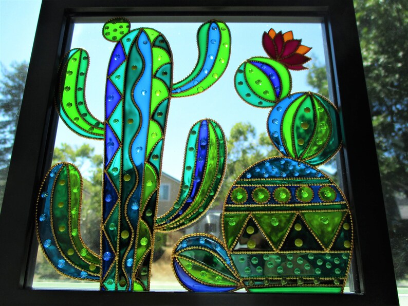Cactus art 9x9 Glass painting Wall decor Sun catcher Stained Etsy