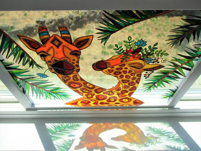 Giraffe love 3D Glass painting Wall decor Sun catcher Stained glass Original art Framed art Giraffe decor Love art Wedding gift image 9
