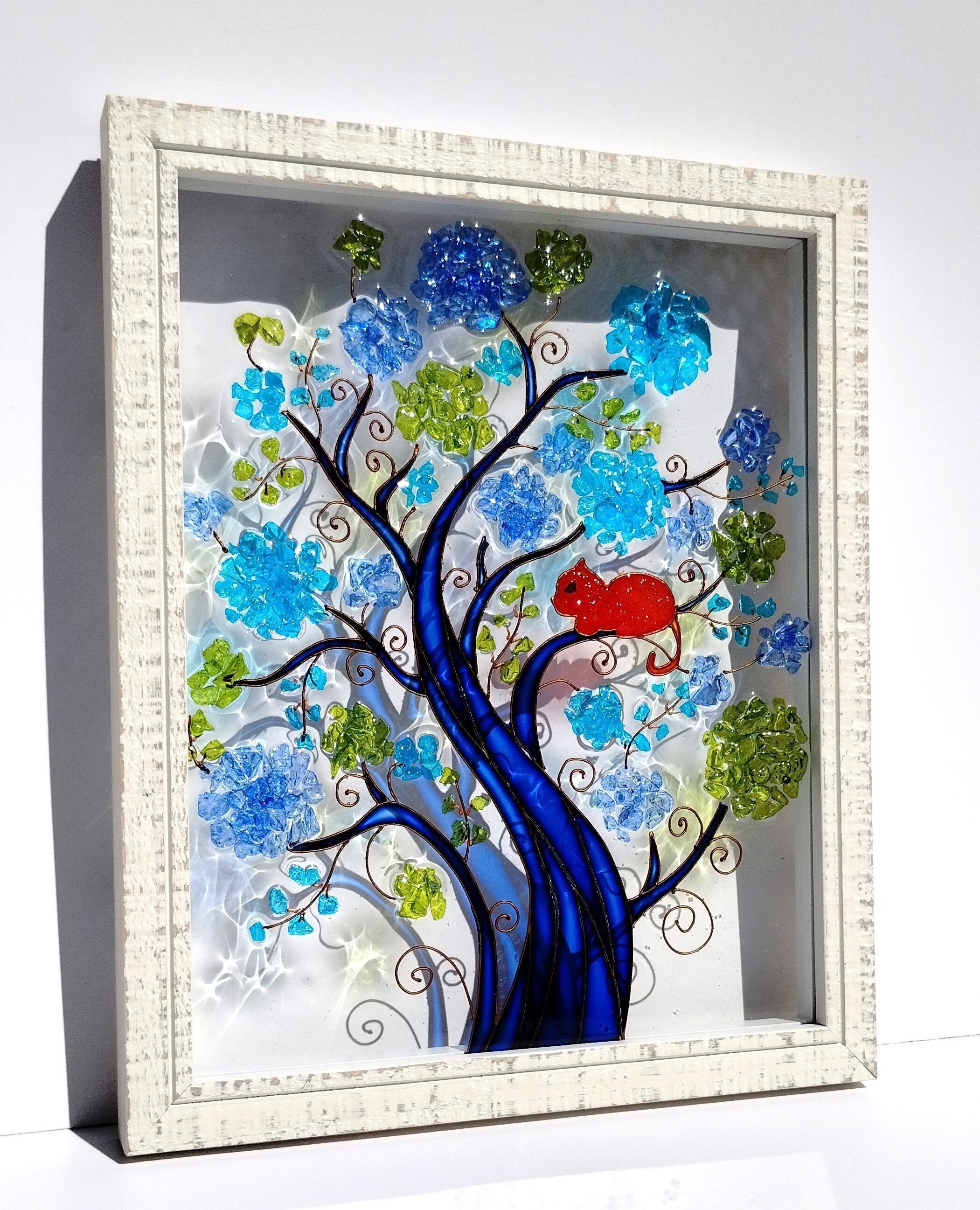 Whimsical Tree 11x9 Crushed Glass Resin Art Sun Catcher