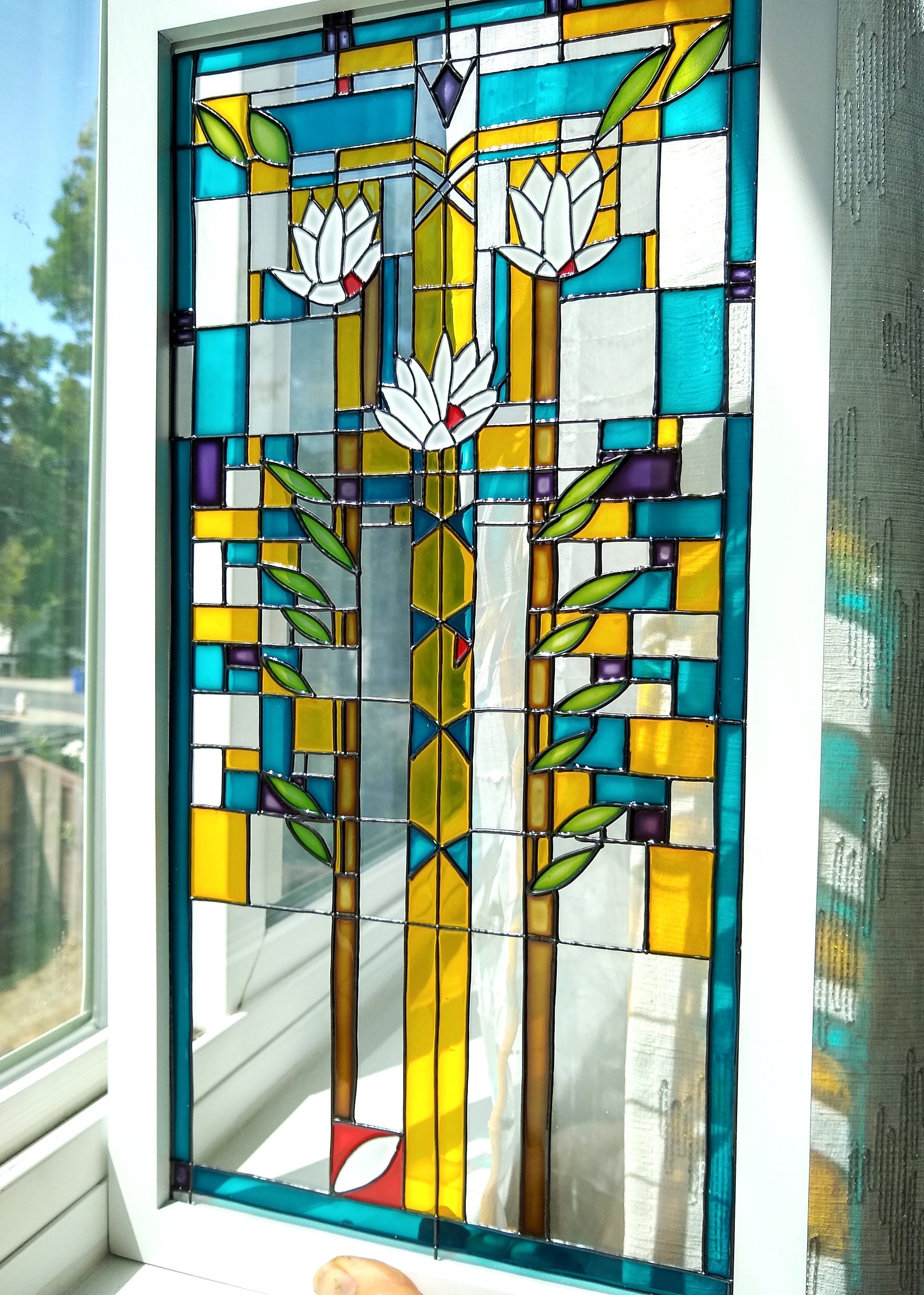 Frank Lloyd Wright Style Glass Painting: Art Deco Suncatcher Window Art