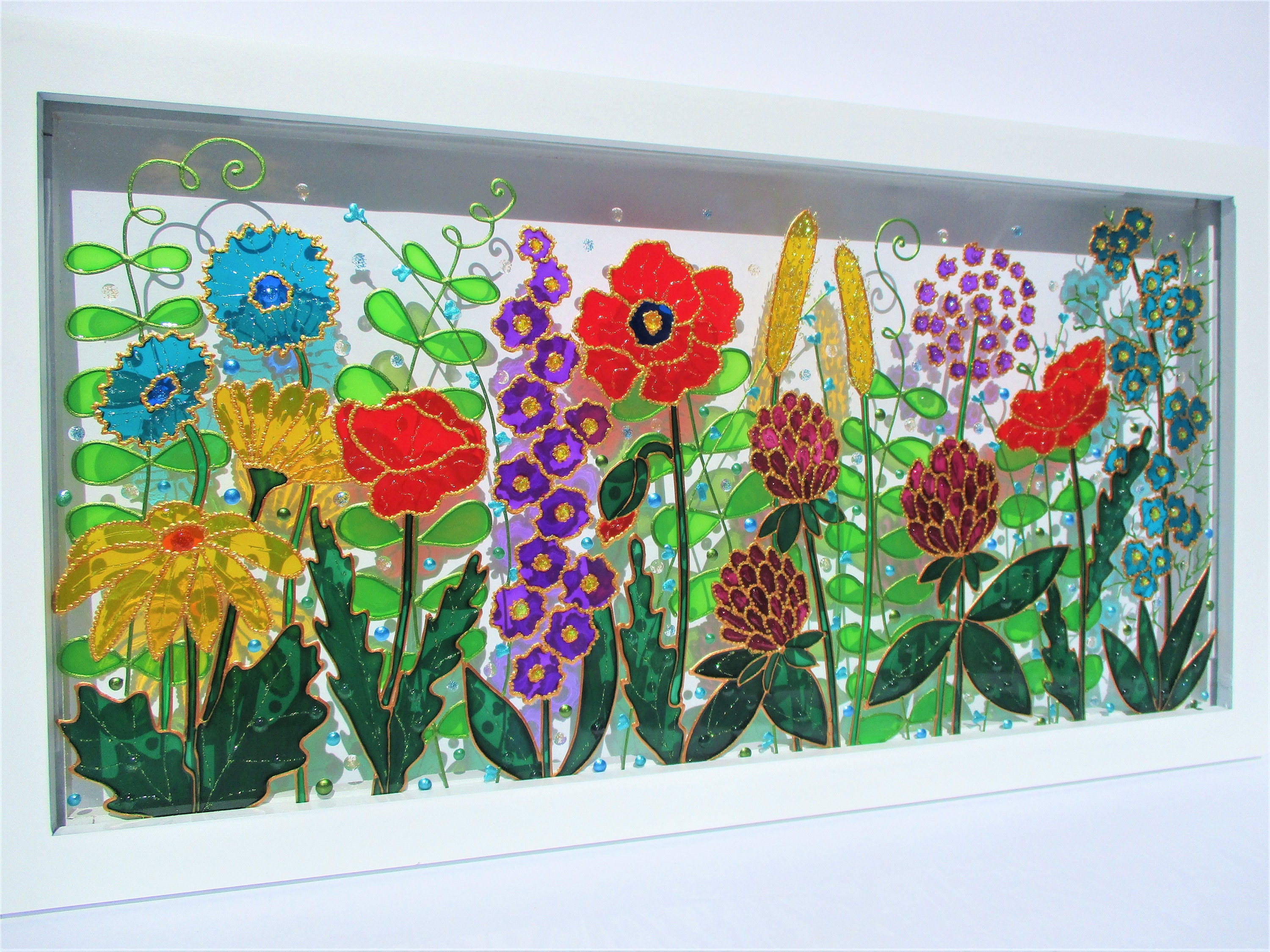 Meadow 17x9 Wild Flowers Glass Painting Painted Glass Glass Etsy